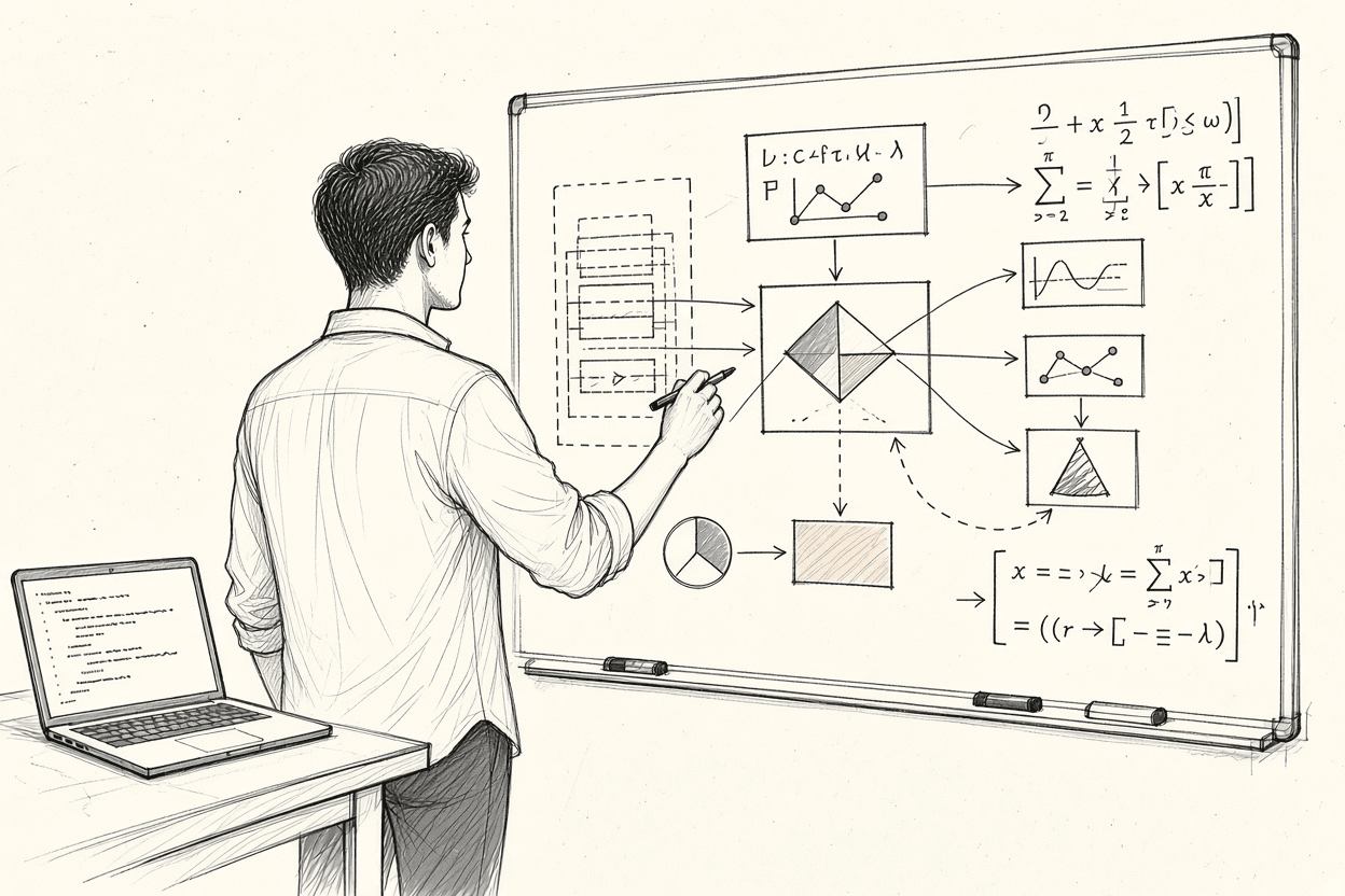 Hand-drawn style illustration of an engineer sketching a system diagram and equations on a whiteboard, with a laptop open nearby